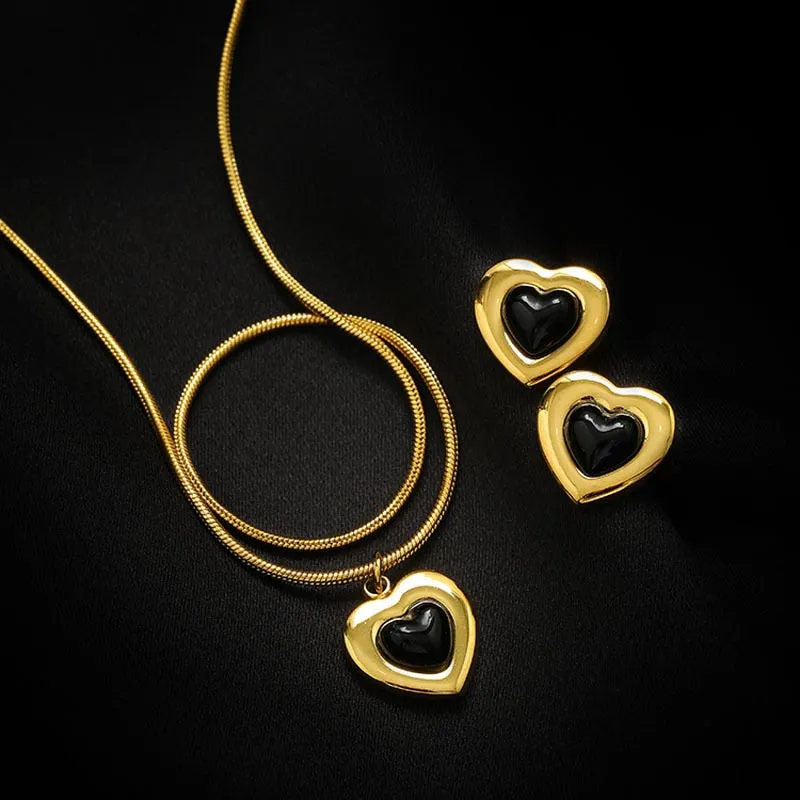 316L stainless steel heart-shaped black stone pendant necklace for women