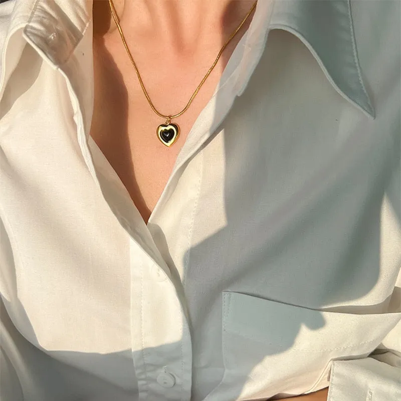316L stainless steel heart-shaped black stone pendant necklace for women