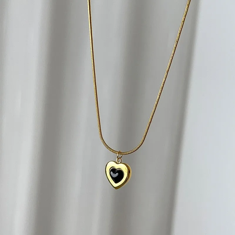316L stainless steel heart-shaped black stone pendant necklace for women