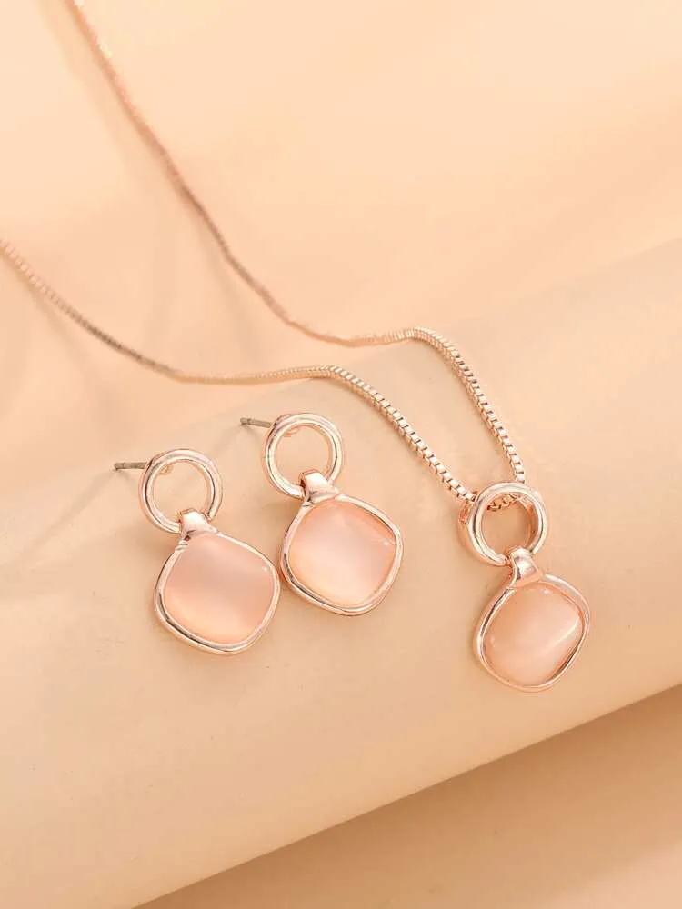 3pcs Moonstone Square Decor Jewelry Set Rose Gold