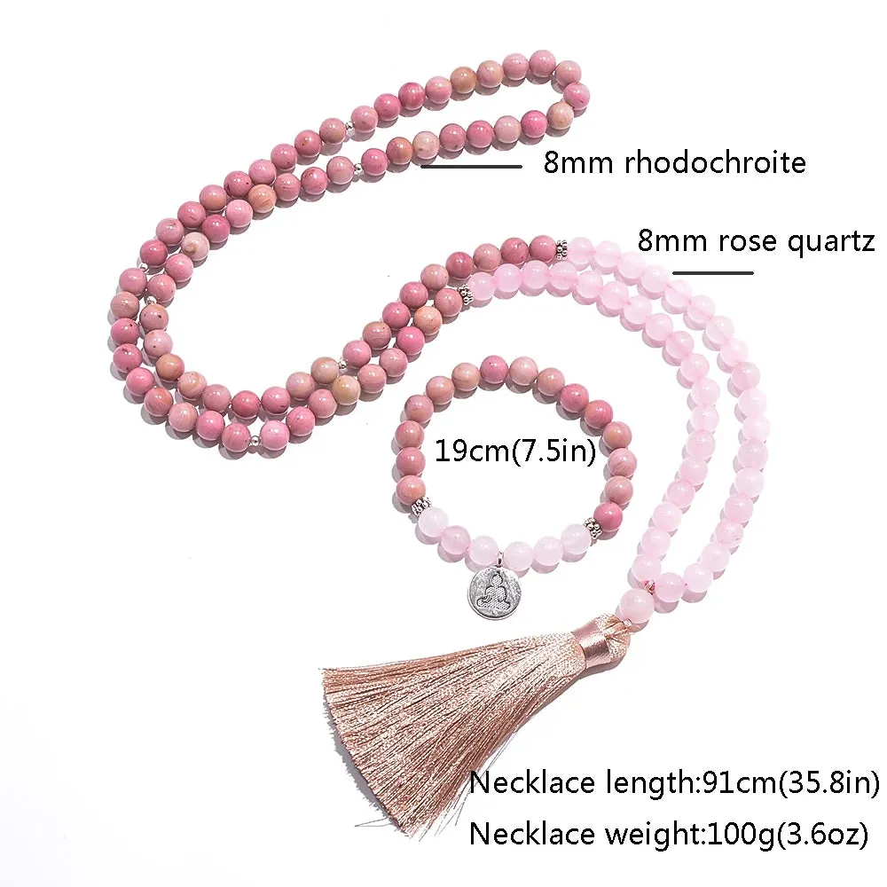 8mm Rhodochrosite Rose Quartz Beads 108 Mala Necklace Meditation