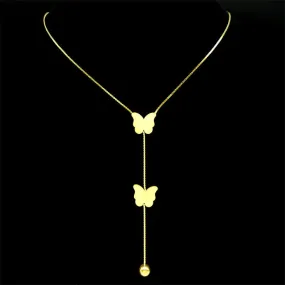 Aesthetic Butterfly Ball Tassel Necklace for Women Stainless Steel Gold Color Female Long Chain