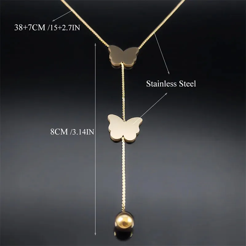 Aesthetic Butterfly Ball Tassel Necklace for Women Stainless Steel Gold Color Female Long Chain