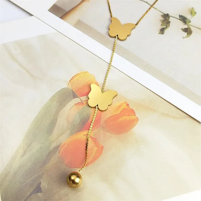 Aesthetic Butterfly Ball Tassel Necklace for Women Stainless Steel Gold Color Female Long Chain