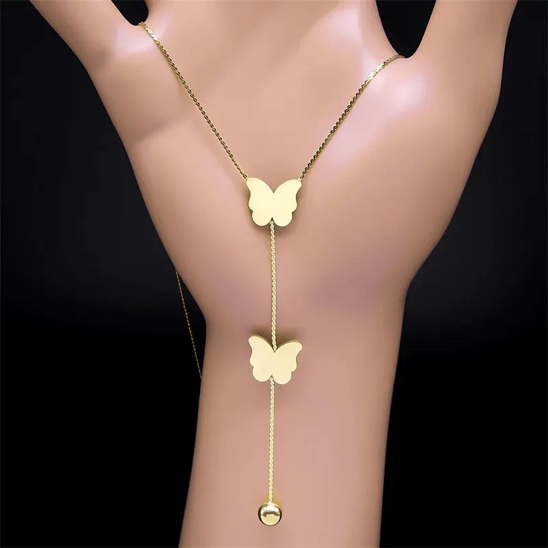 Aesthetic Butterfly Ball Tassel Necklace for Women Stainless Steel Gold Color Female Long Chain
