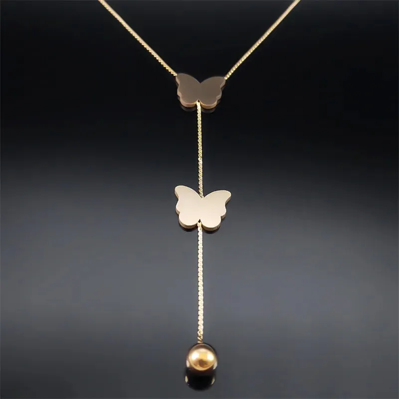 Aesthetic Butterfly Ball Tassel Necklace for Women Stainless Steel Gold Color Female Long Chain