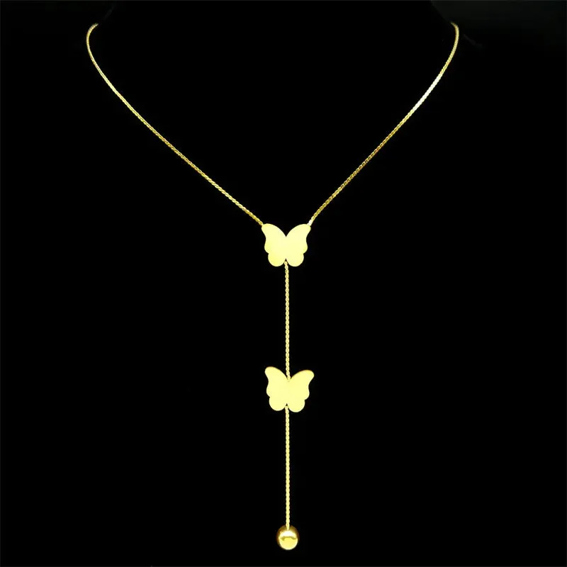 Aesthetic Butterfly Ball Tassel Necklace for Women Stainless Steel Gold Color Female Long Chain