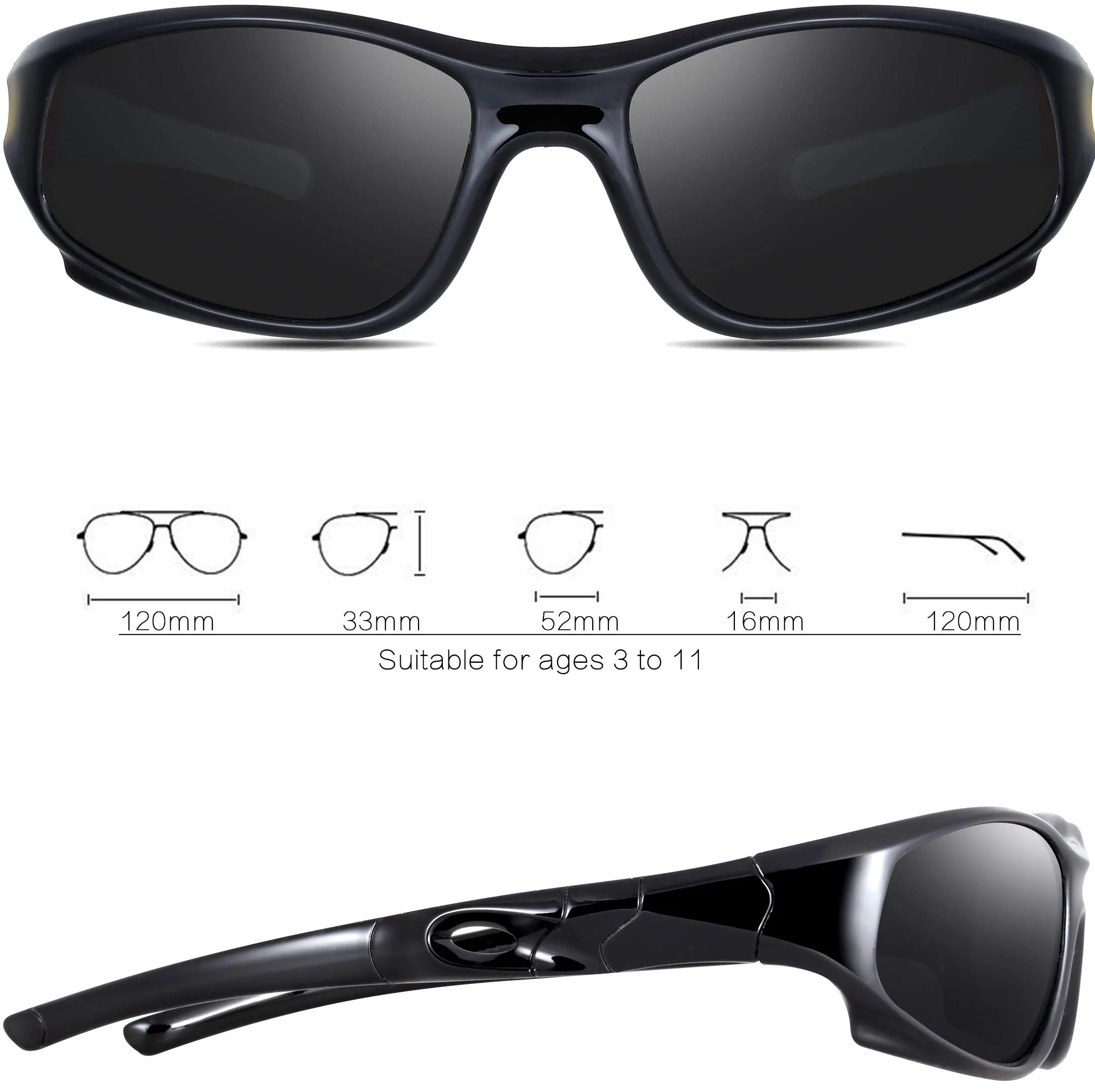 ATTCL Kids Hot TR90 Polarized Sports Sunglasses For Boys Girls Child Age 3-10 Black-black as the pictures