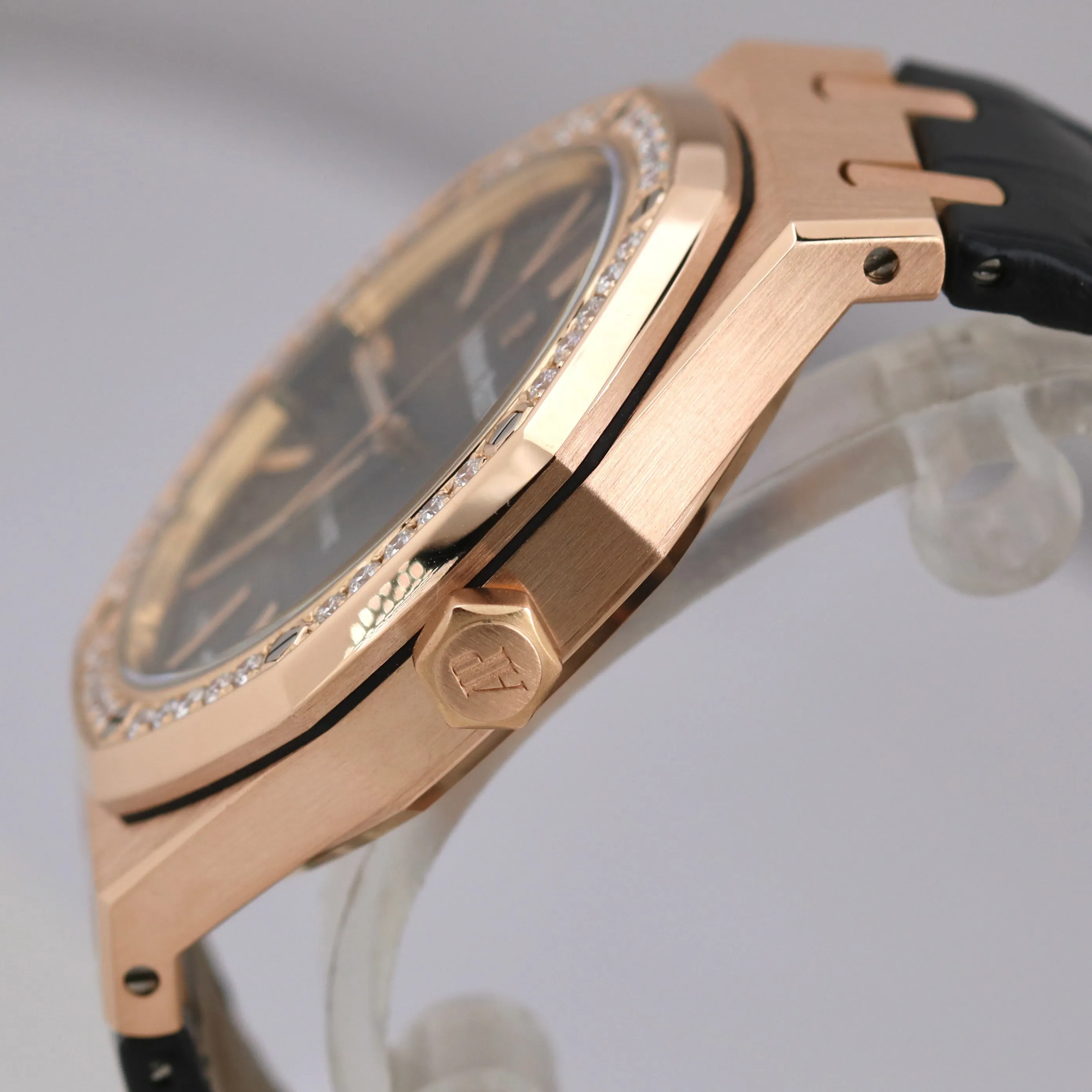Audemars Piguet Royal Oak 41mm Black DIAMOND 18K Rose Gold Leather 15400OR Watch