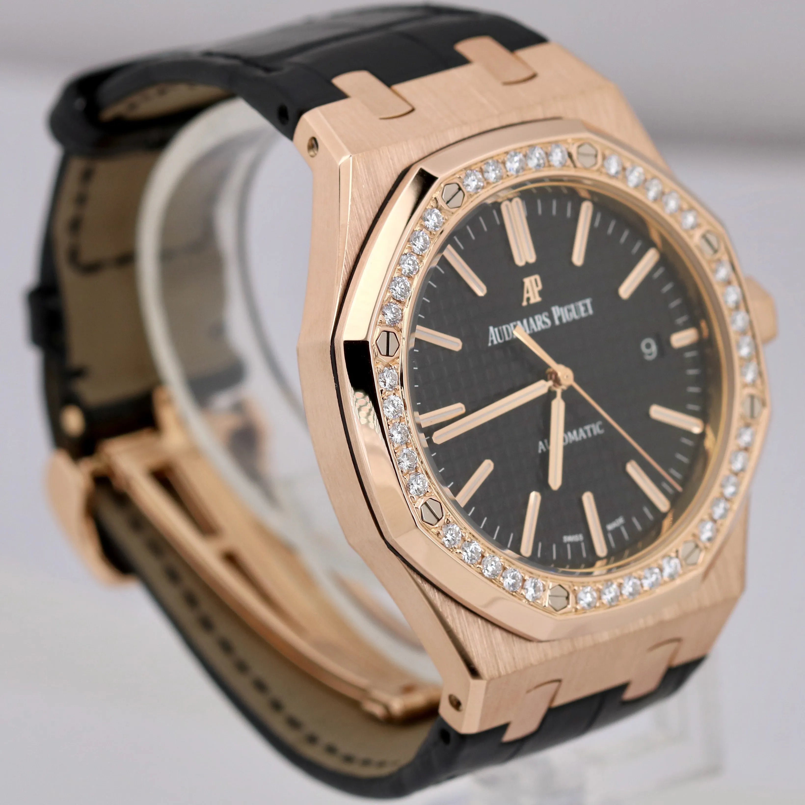 Audemars Piguet Royal Oak 41mm Black DIAMOND 18K Rose Gold Leather 15400OR Watch