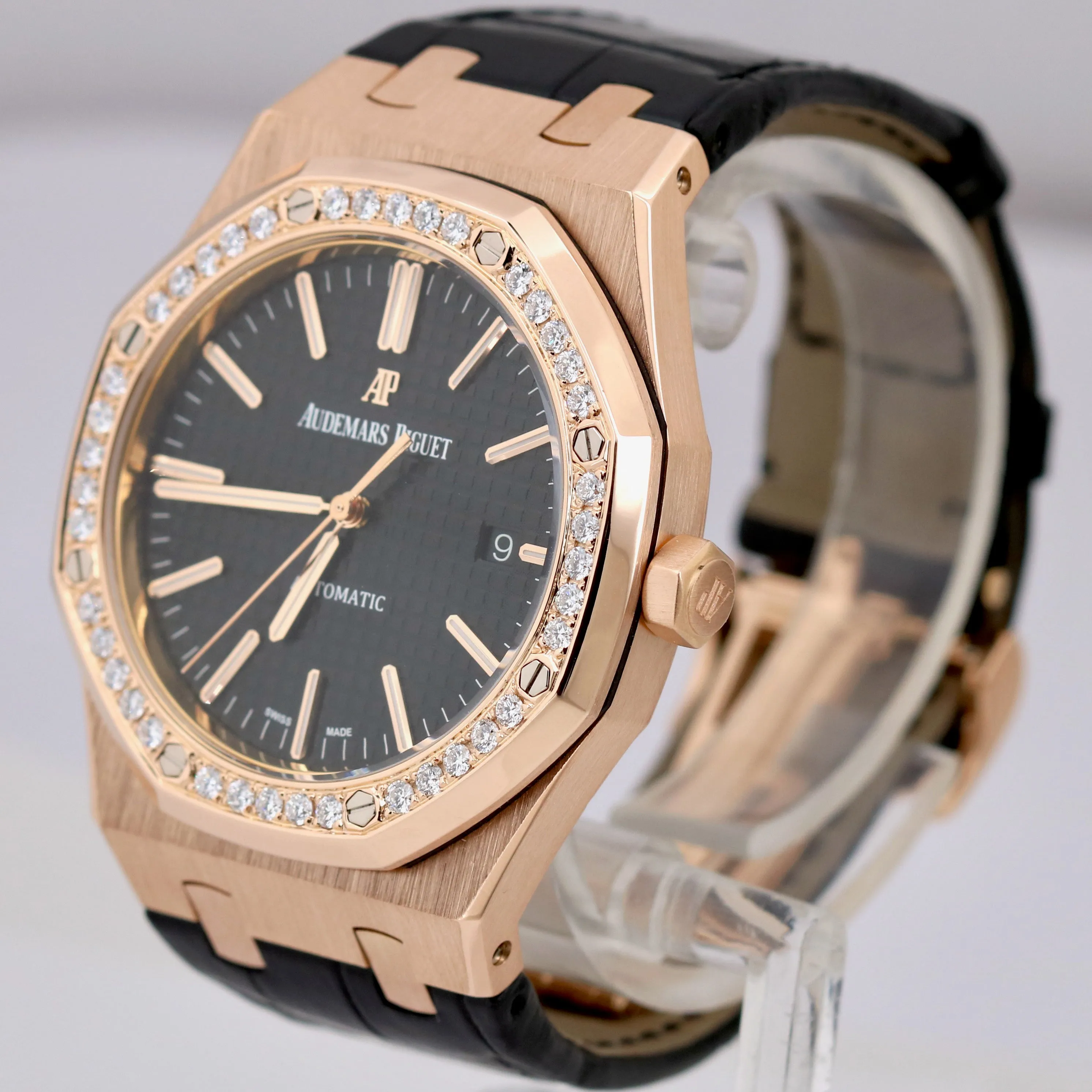 Audemars Piguet Royal Oak 41mm Black DIAMOND 18K Rose Gold Leather 15400OR Watch