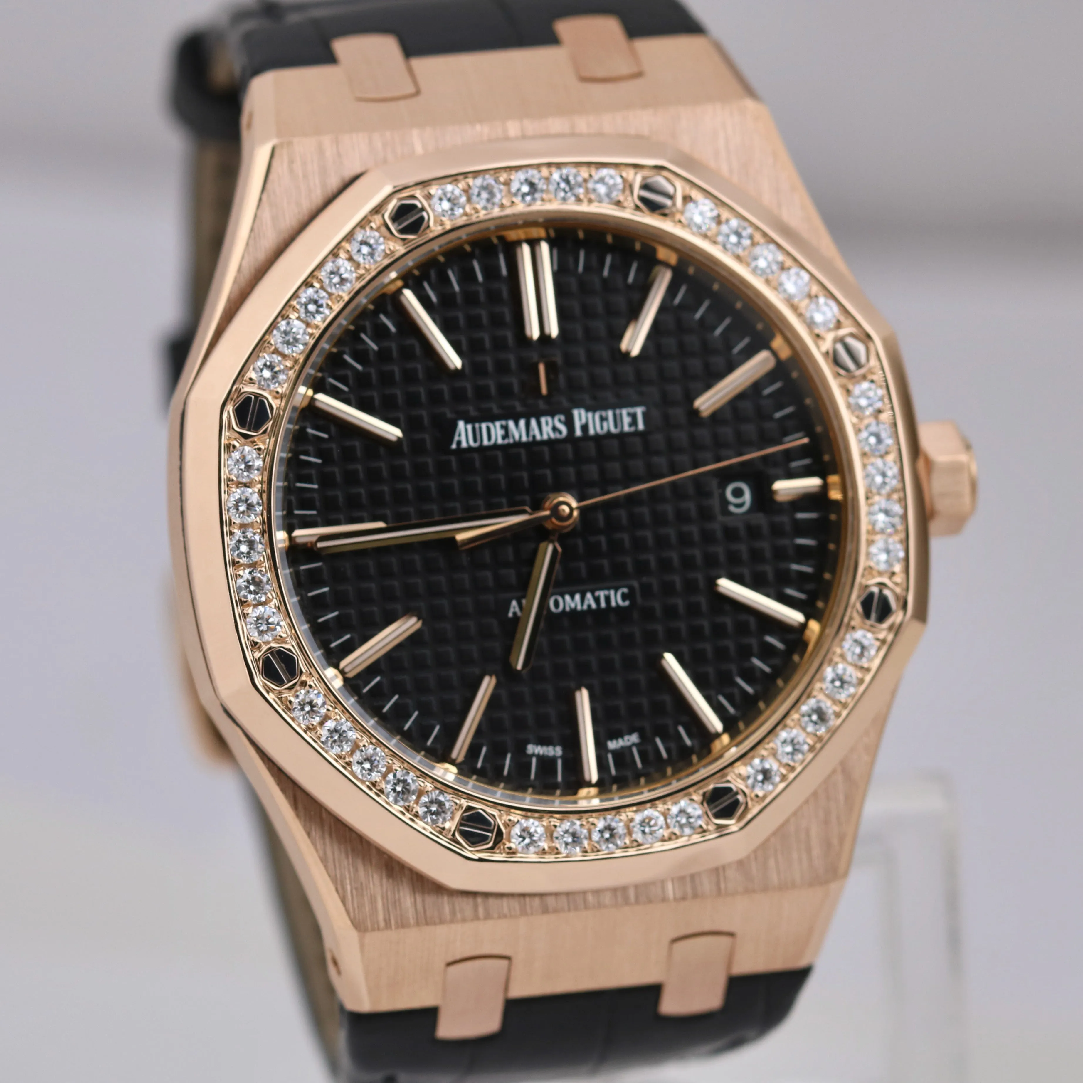 Audemars Piguet Royal Oak 41mm Black DIAMOND 18K Rose Gold Leather 15400OR Watch