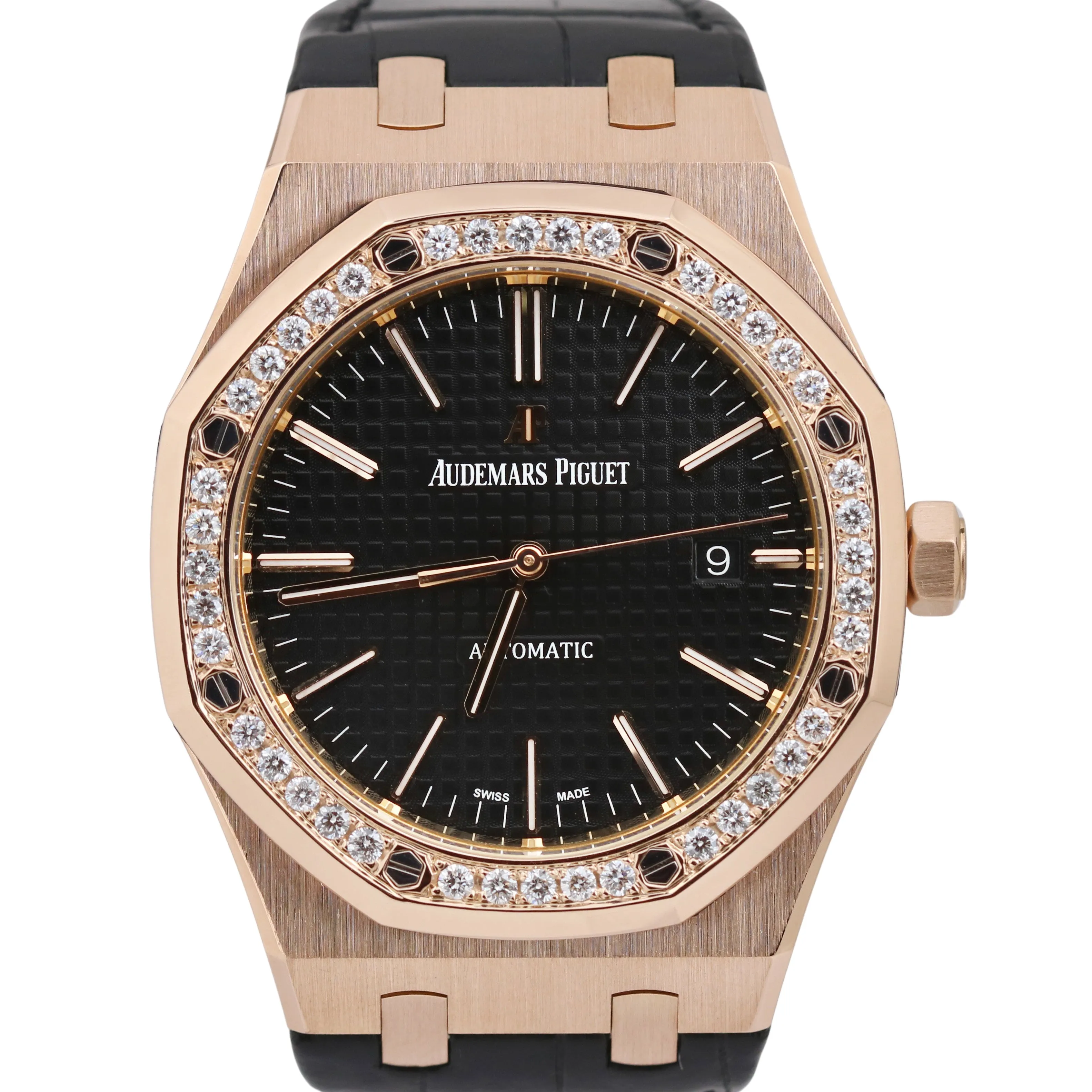 Audemars Piguet Royal Oak 41mm Black DIAMOND 18K Rose Gold Leather 15400OR Watch