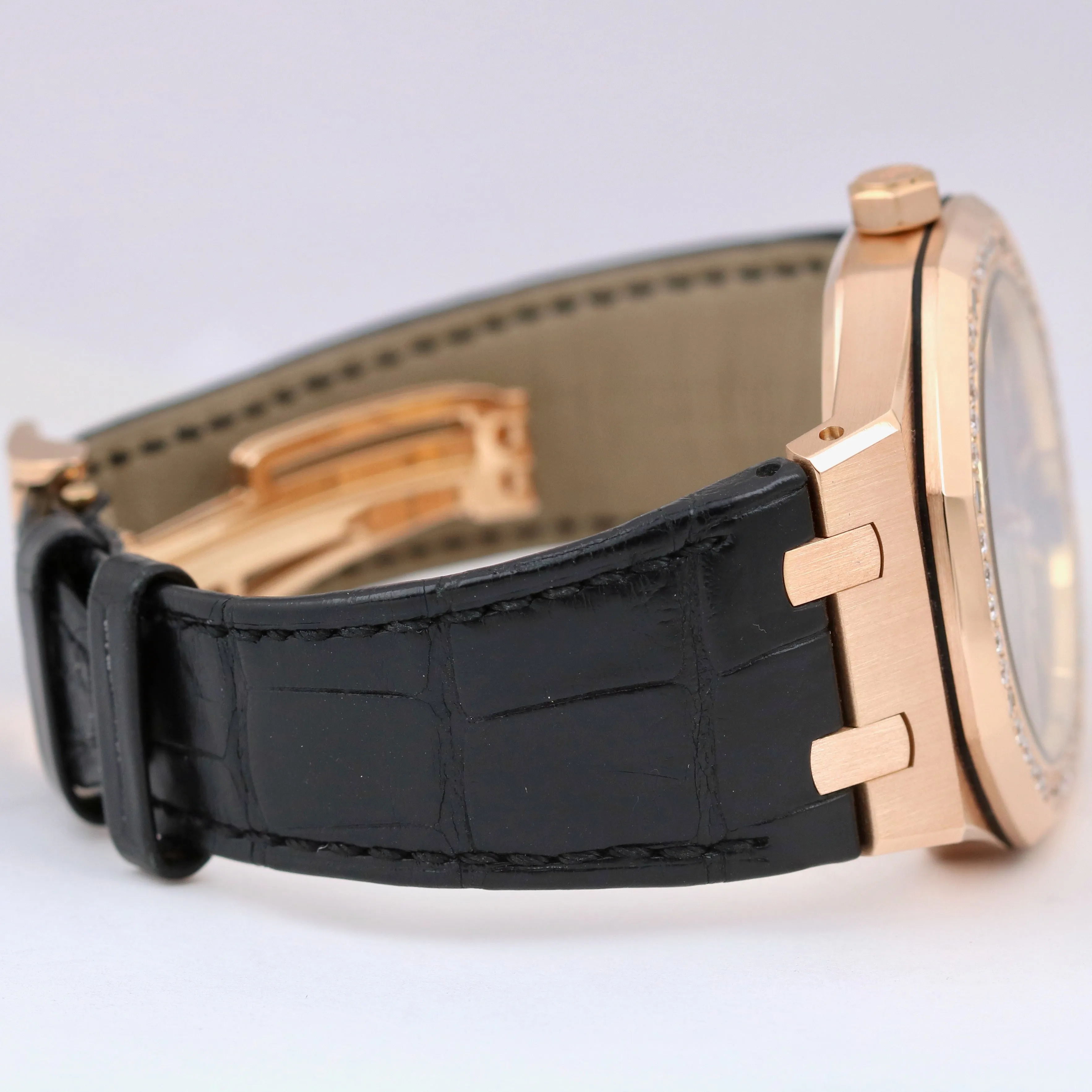 Audemars Piguet Royal Oak 41mm Black DIAMOND 18K Rose Gold Leather 15400OR Watch