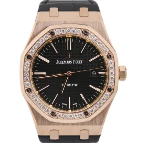 Audemars Piguet Royal Oak 41mm Black DIAMOND 18K Rose Gold Leather 15400OR Watch