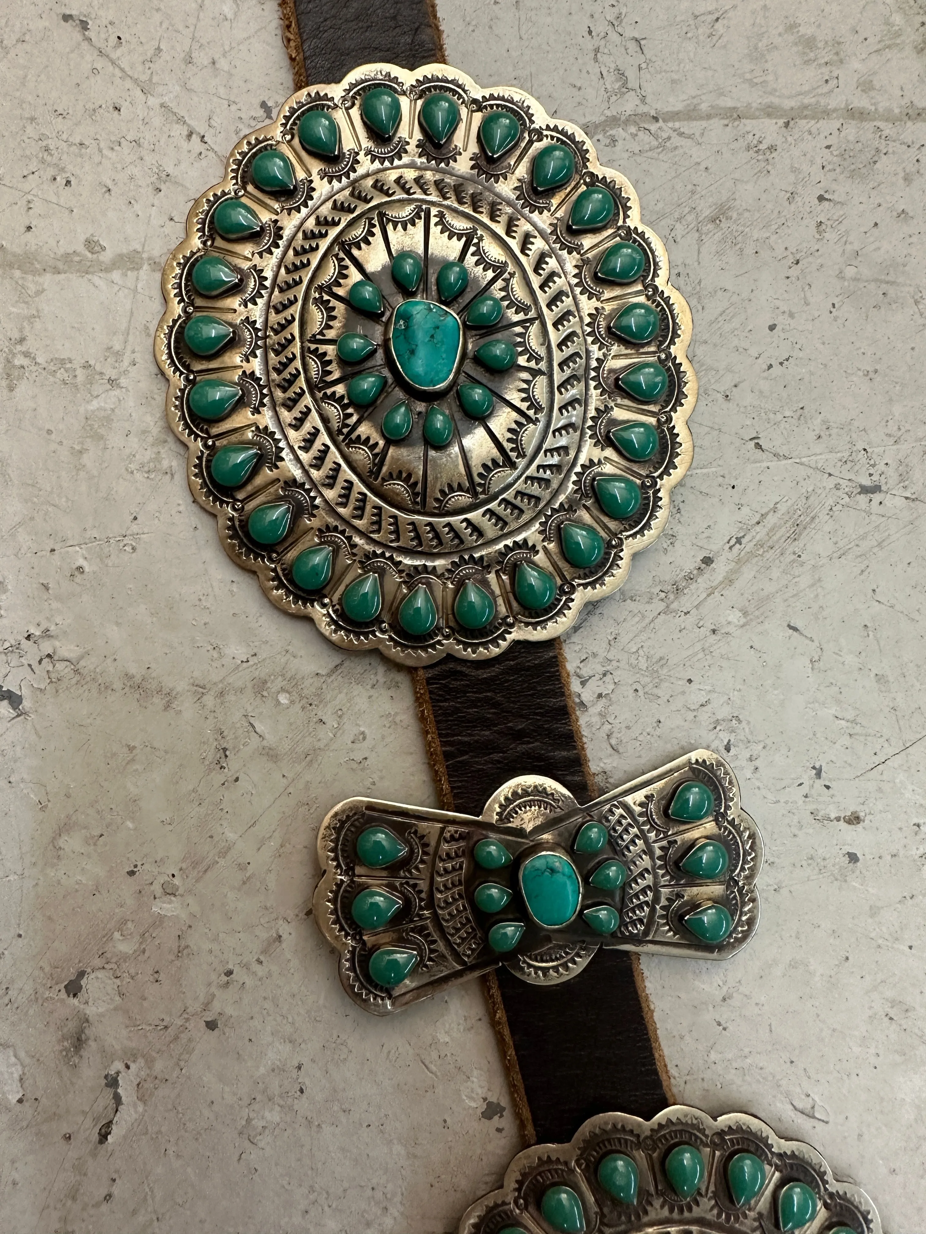 Authentic Turquoise & Black Onyx Etched Silver Concho Leather Belts