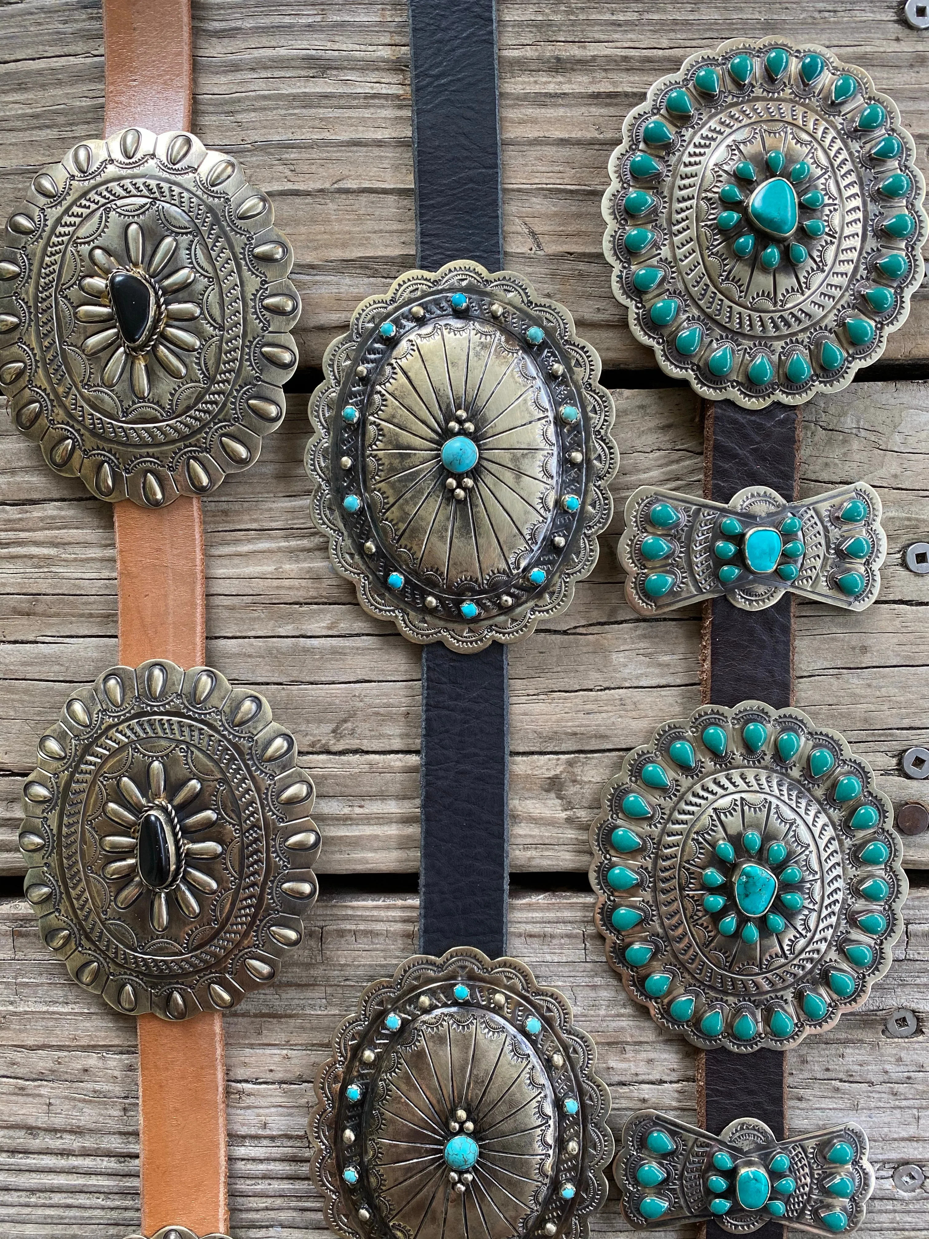 Authentic Turquoise & Black Onyx Etched Silver Concho Leather Belts