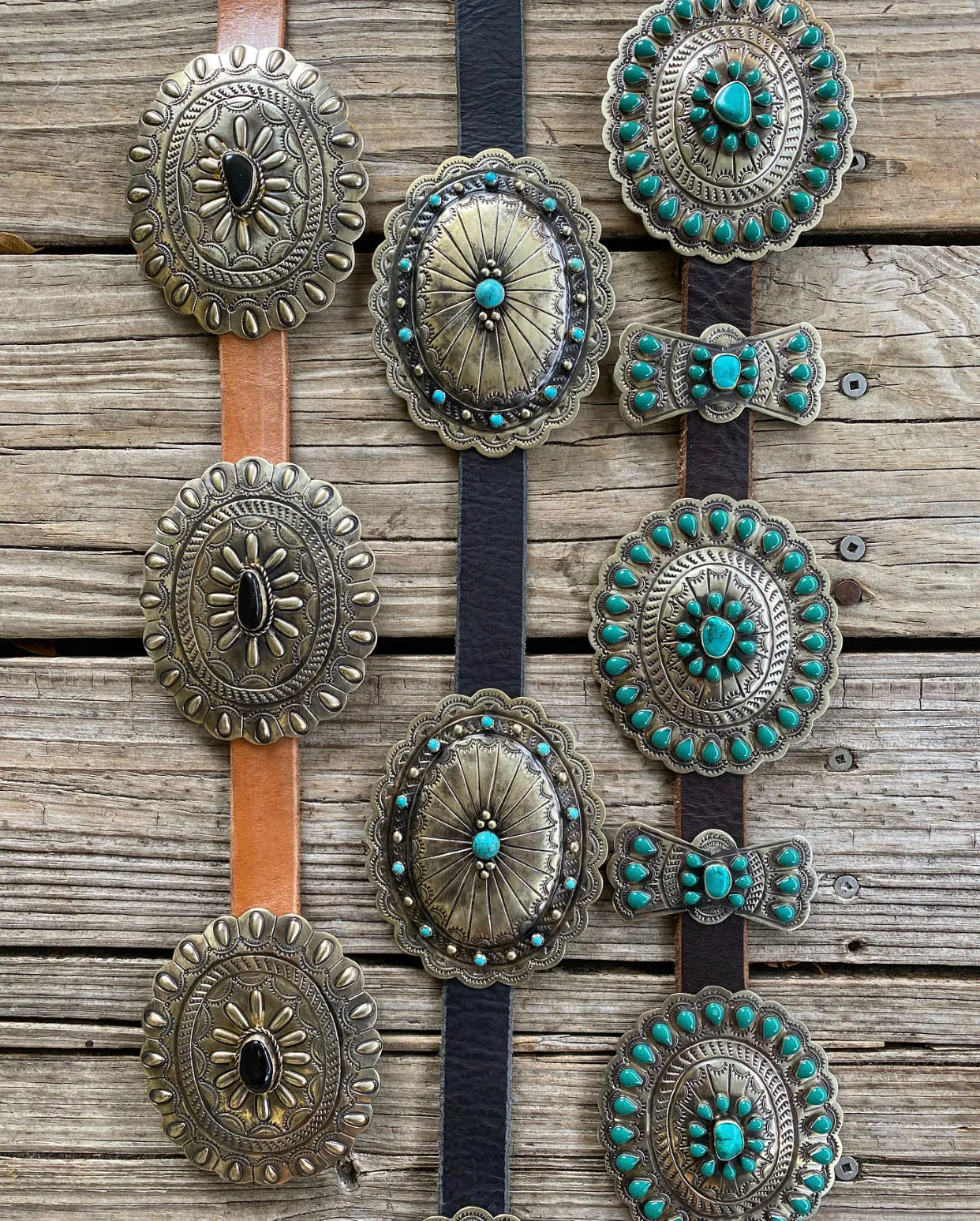 Authentic Turquoise & Black Onyx Etched Silver Concho Leather Belts