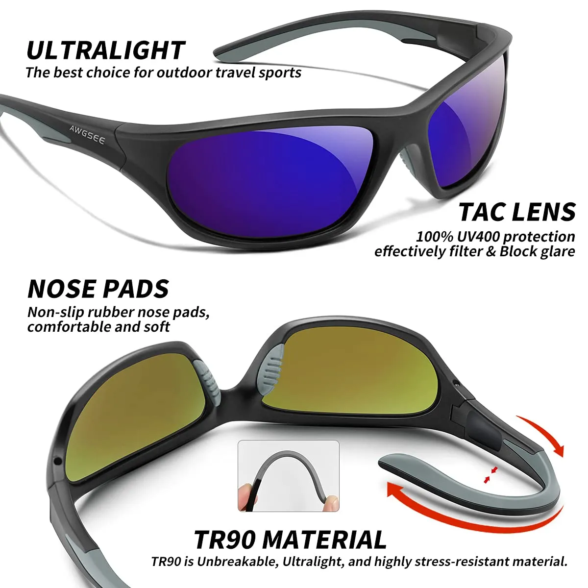 AWGSEE Polarized Sports Sunglasses For Men Cycling Driving Fishing Sun Glasses TR90 Unbreakable Frame 100% UV Protection Black Gray Frame/Blue Mirror Lens