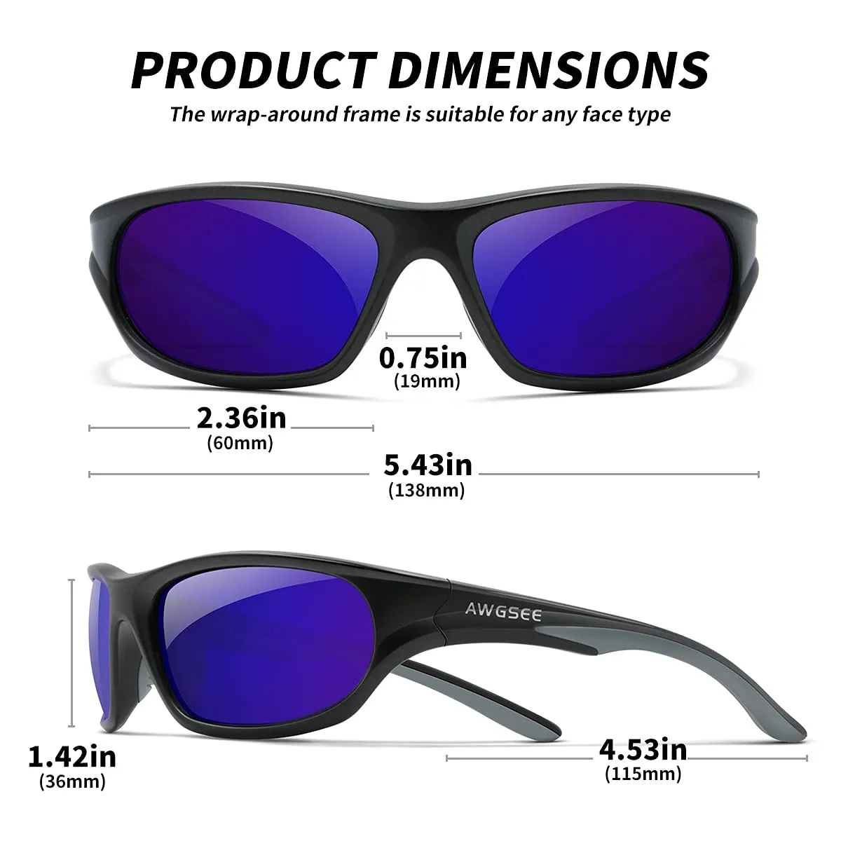 AWGSEE Polarized Sports Sunglasses For Men Cycling Driving Fishing Sun Glasses TR90 Unbreakable Frame 100% UV Protection Black Gray Frame/Blue Mirror Lens