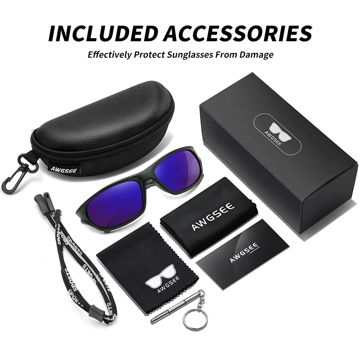 AWGSEE Polarized Sports Sunglasses For Men Cycling Driving Fishing Sun Glasses TR90 Unbreakable Frame 100% UV Protection Black Gray Frame/Blue Mirror Lens