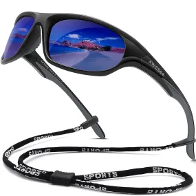 AWGSEE Polarized Sports Sunglasses For Men Cycling Driving Fishing Sun Glasses TR90 Unbreakable Frame 100% UV Protection Black Gray Frame/Blue Mirror Lens