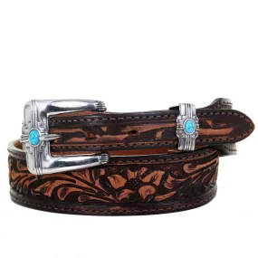 B1077 - Brown Vintage Floral Tooled Belt