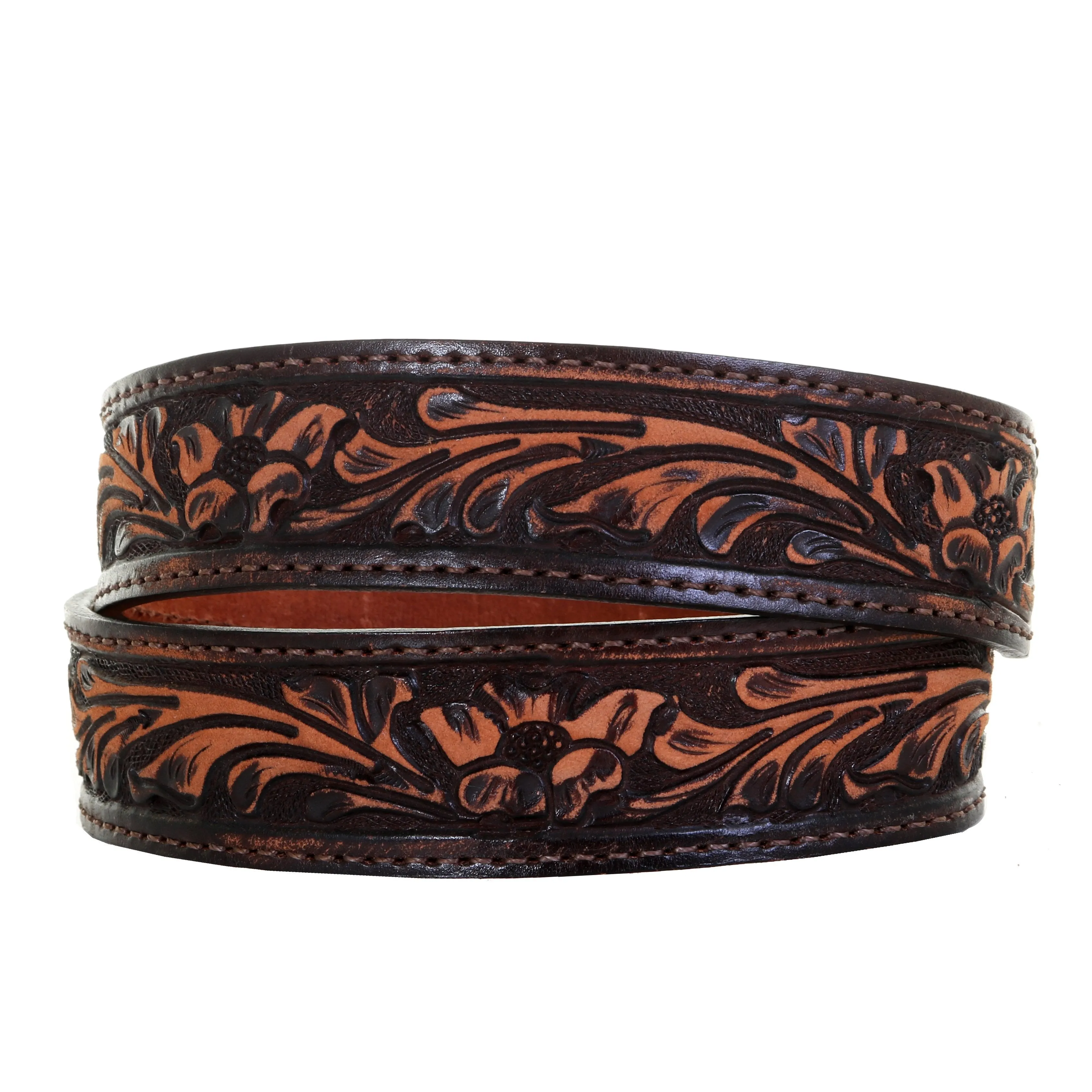 B1077 - Brown Vintage Floral Tooled Belt