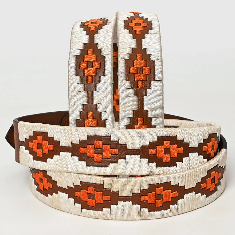 BAR H EQUINE Western Genuine Leather Men And Women Brown Belt Embroidered White & Orange
