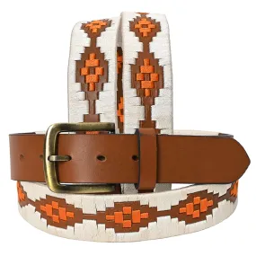 BAR H EQUINE Western Genuine Leather Men And Women Brown Belt Embroidered White & Orange