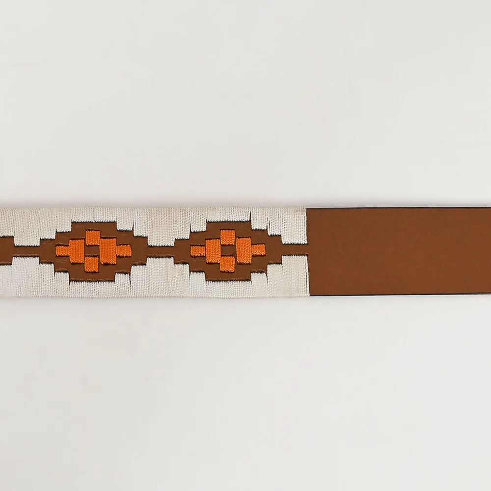 BAR H EQUINE Western Genuine Leather Men And Women Brown Belt Embroidered White & Orange