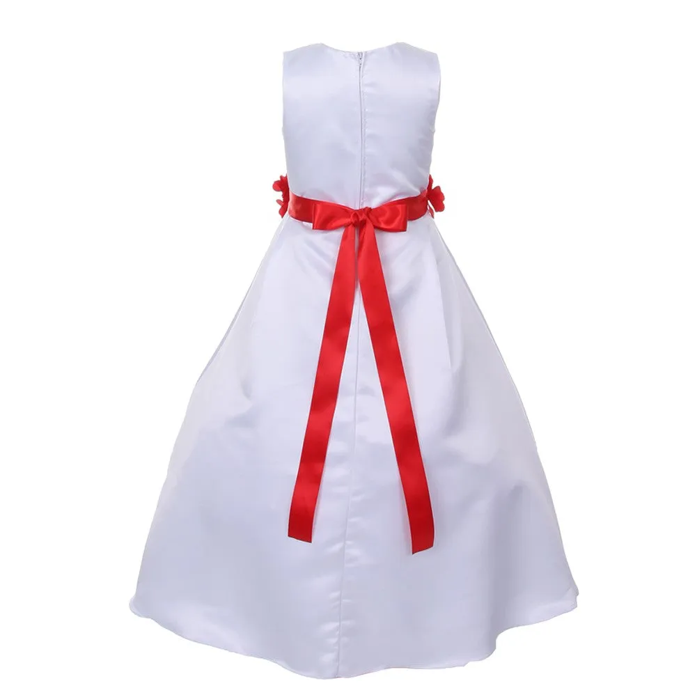 Big Girls White Red Flower Sash Full Bridal Junior Bridesmaid Dress 16
