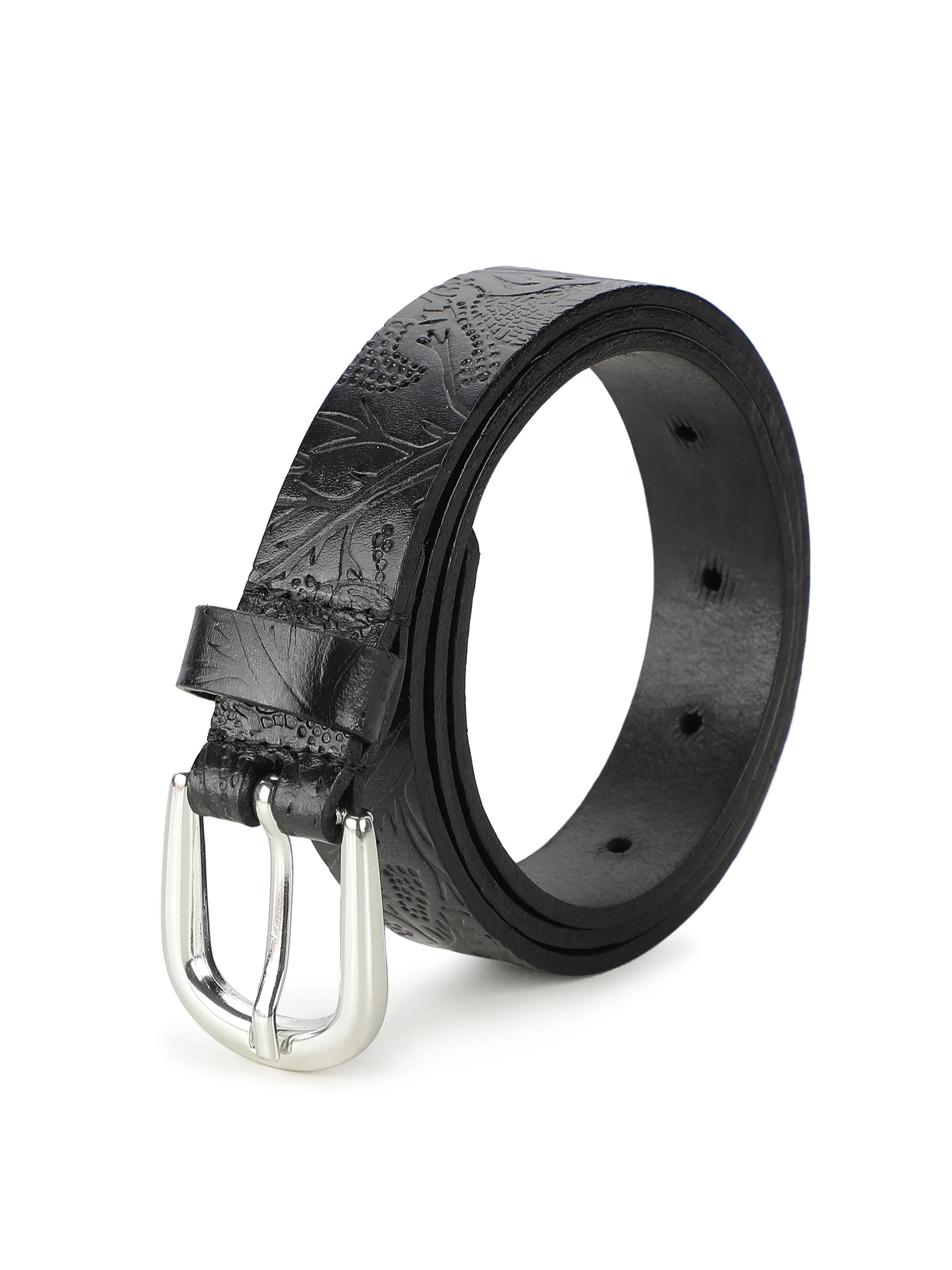Black shantiniketan batik pattern embossed Women's Belt