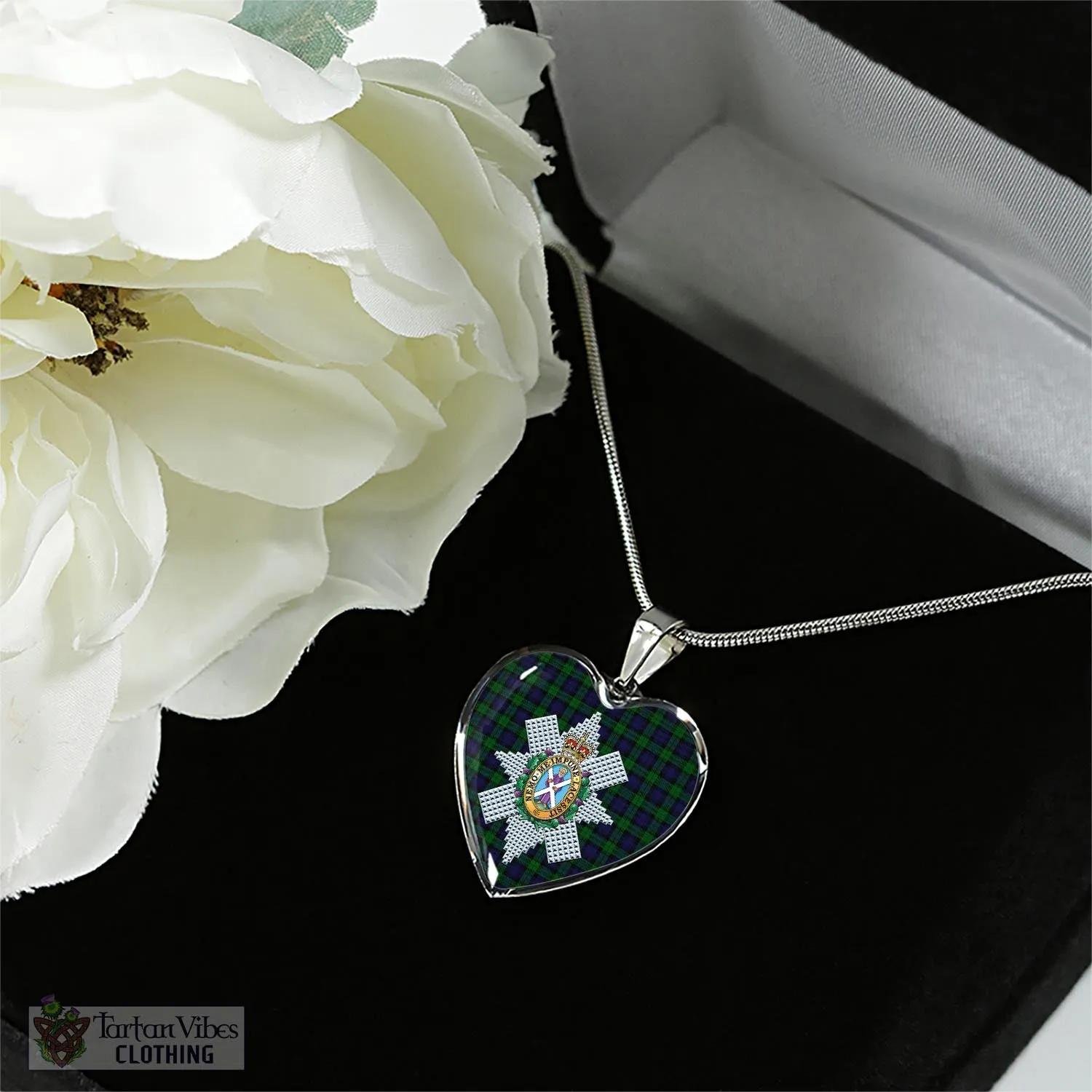 Black Watch Tartan Heart Necklace with Family Crest