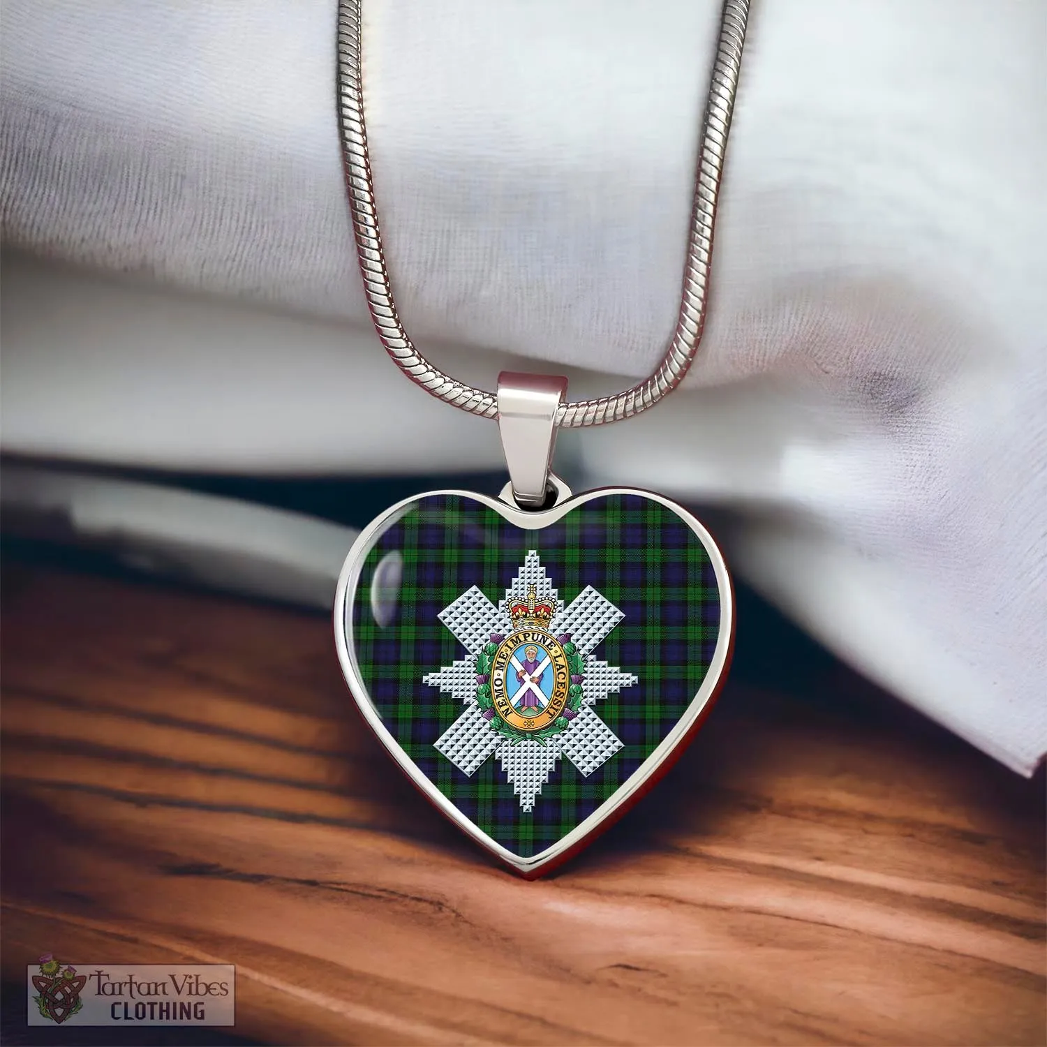 Black Watch Tartan Heart Necklace with Family Crest
