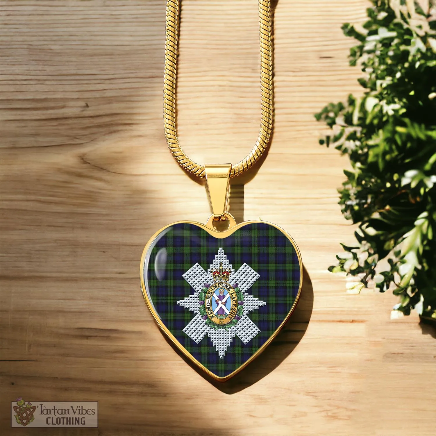Black Watch Tartan Heart Necklace with Family Crest