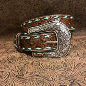 Brown and Turquoise Tooled Leather Kids Belt