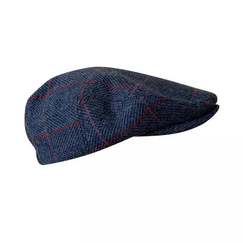 Carlow Retro Plaid Blue Wool Flat Cap