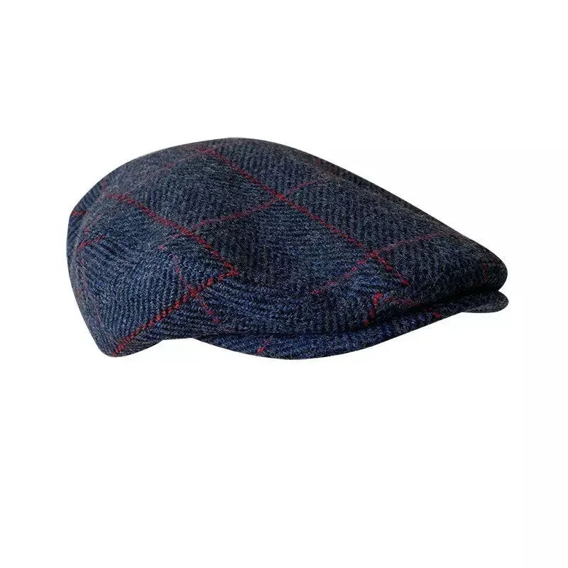 Carlow Retro Plaid Blue Wool Flat Cap