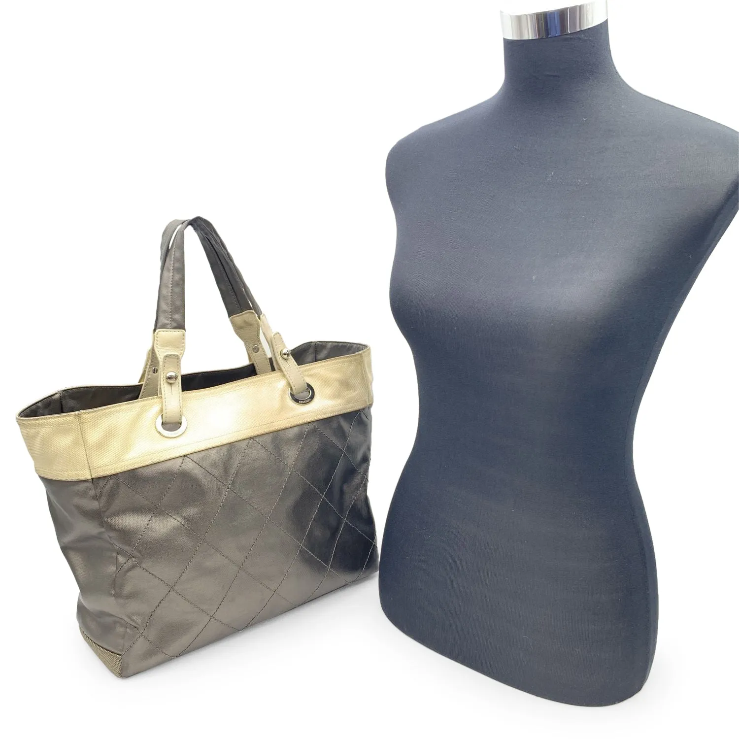 CHANEL Gray Metallic Quilted Canvas Paris Biarritz Tote Bag