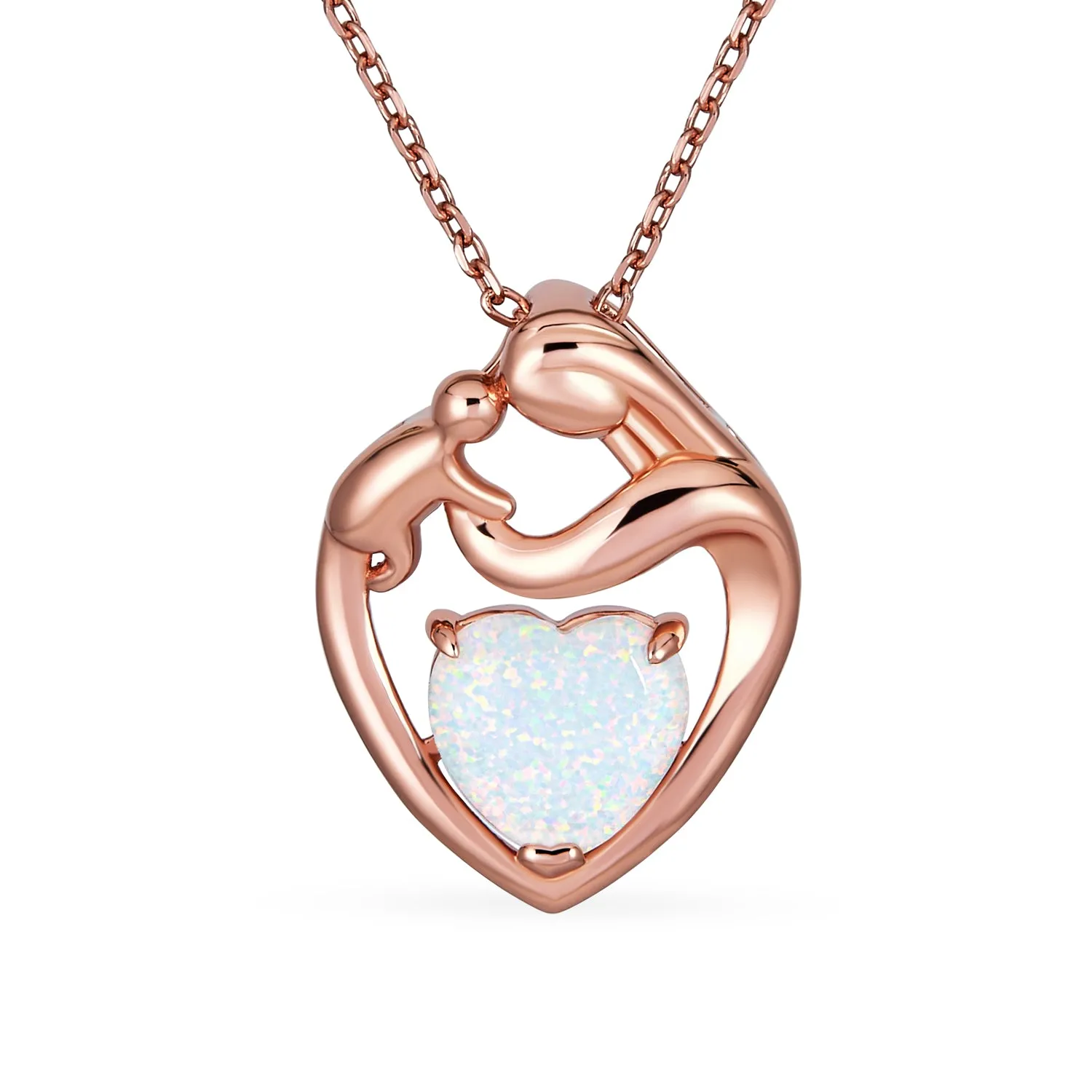 Created White Opal Heart Pendant Necklace for New Mother in Rose Gold Plated Silver