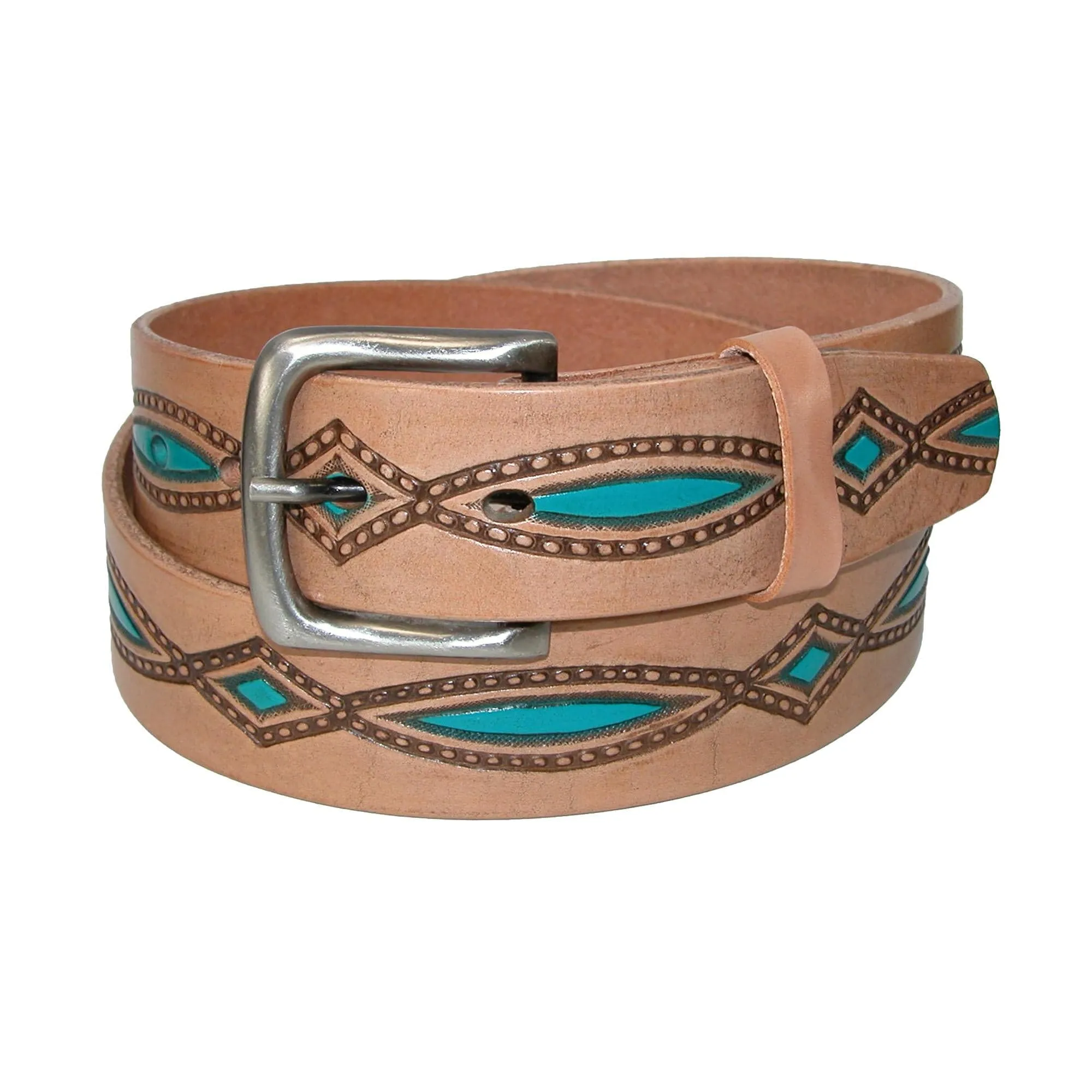 CTM® Men's Oil Tanned Leather Belt with Embossed Turquoise Accents