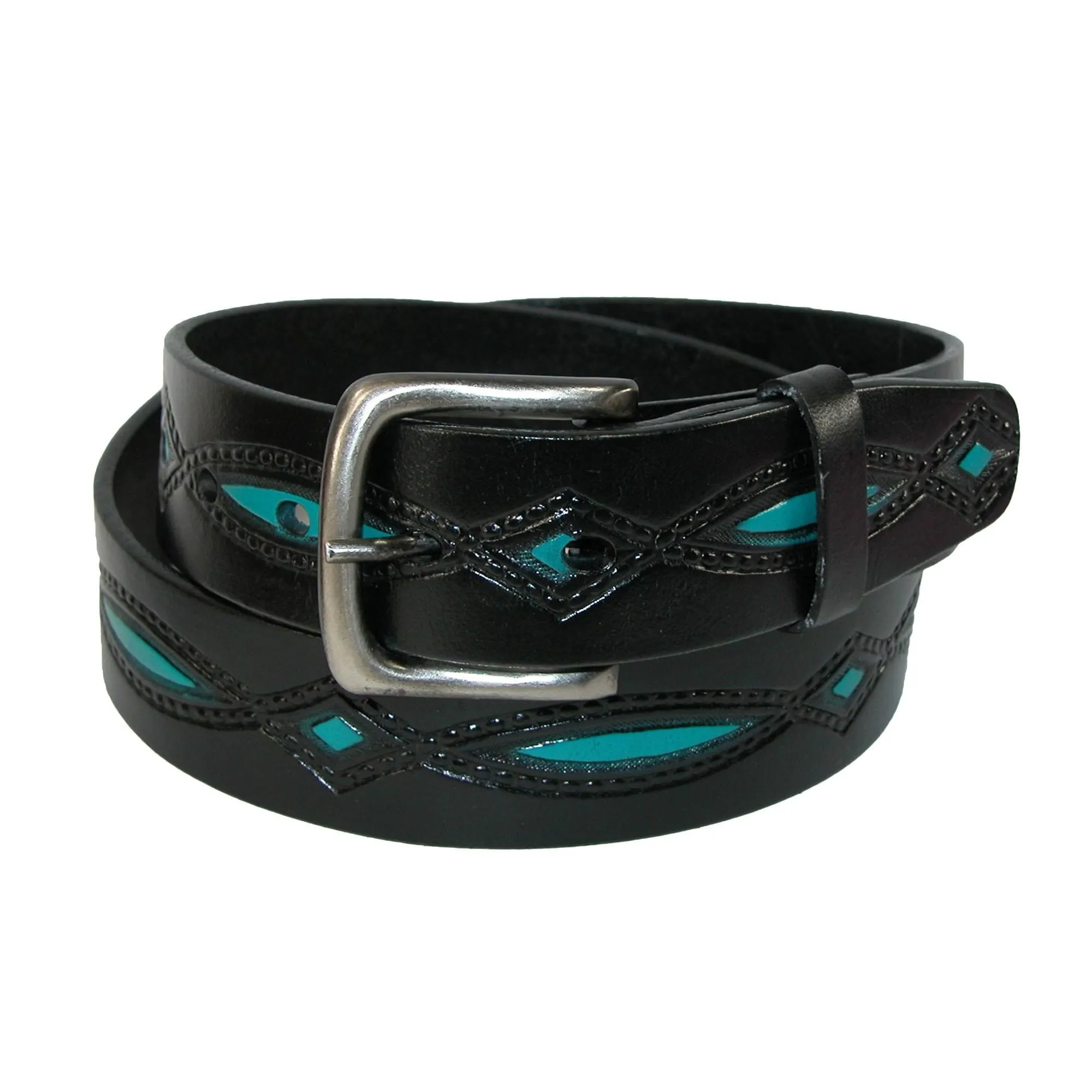 CTM® Men's Oil Tanned Leather Belt with Embossed Turquoise Accents