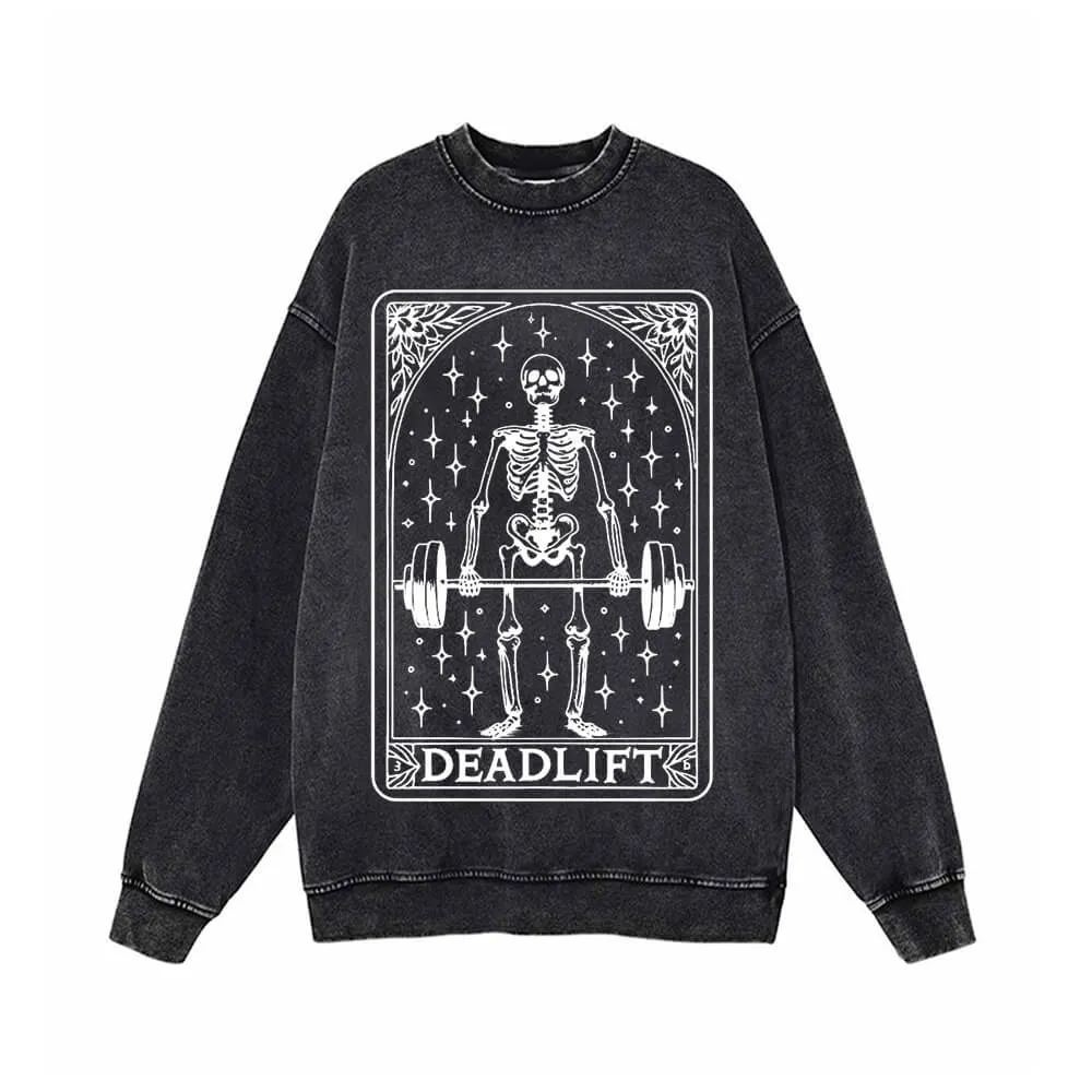 Deadlift Skeleton Barbell Tarot Vintage Washed Sweatshirt