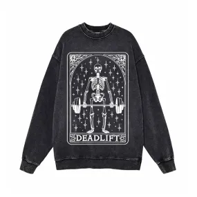 Deadlift Skeleton Barbell Tarot Vintage Washed Sweatshirt