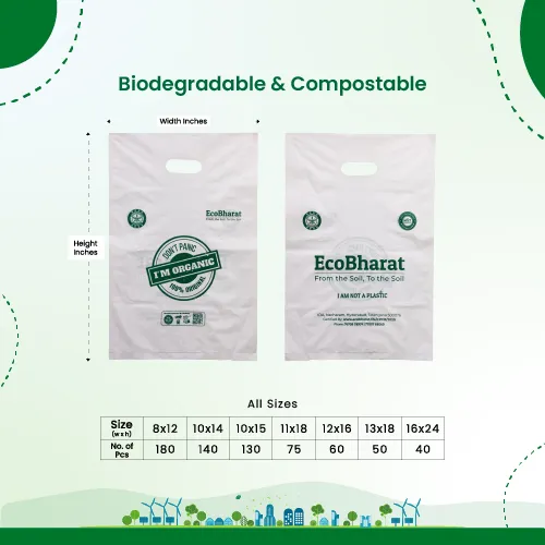 Ecobharat Bio-degradable and Compostable Carry Bags, Grocery Bags, Shopping Bags | White (D-cut)