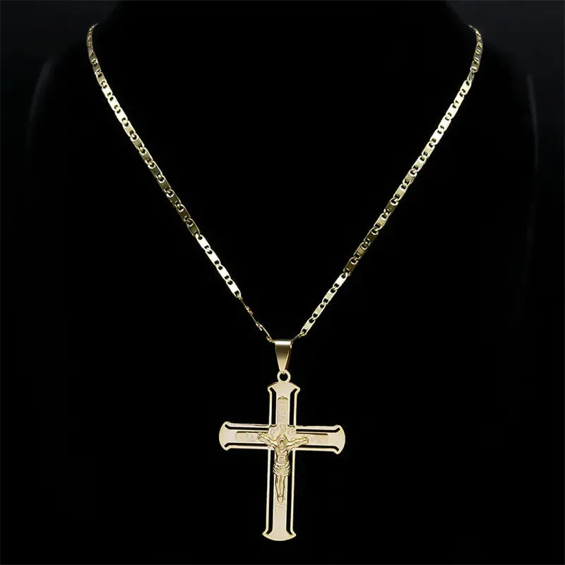 Fashion Crucifix Jesus Christ Necklace for Women Men Stainless Steel Gold Color