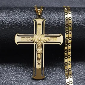 Fashion Crucifix Jesus Christ Necklace for Women Men Stainless Steel Gold Color