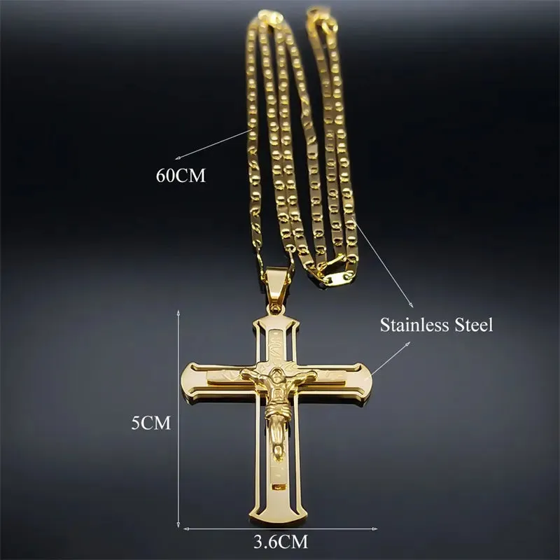 Fashion Crucifix Jesus Christ Necklace for Women Men Stainless Steel Gold Color