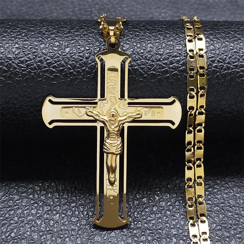 Fashion Crucifix Jesus Christ Necklace for Women Men Stainless Steel Gold Color
